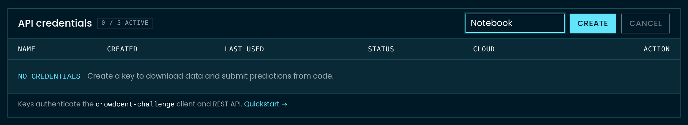 API credentials panel with the New Key form open and Notebook entered as the key name