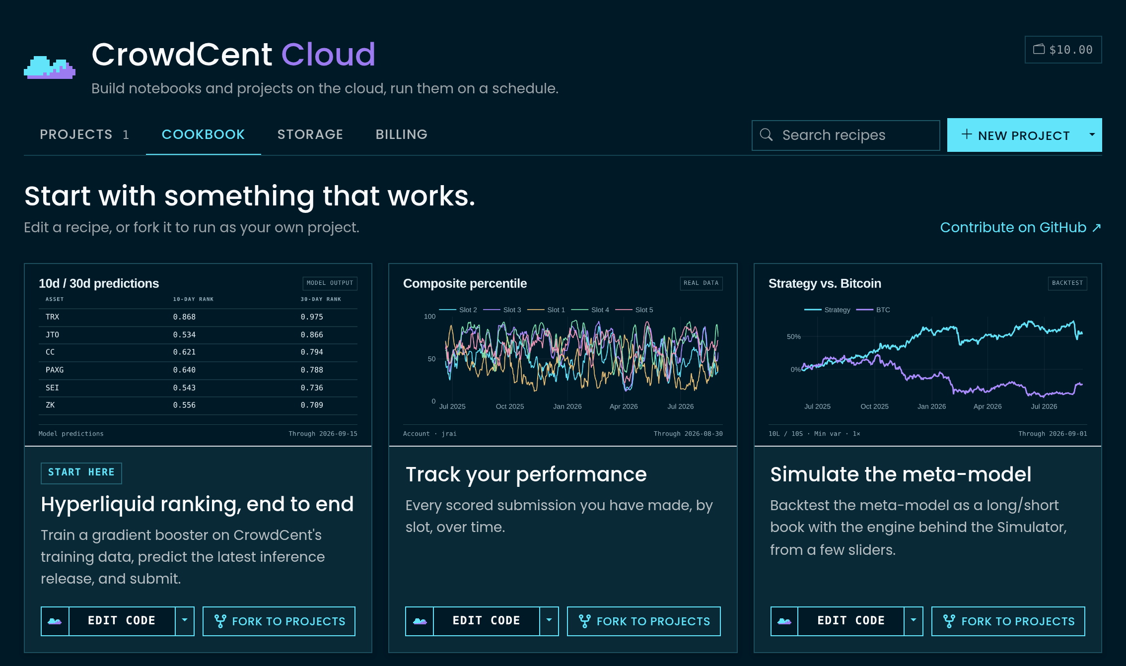 CrowdCent Cloud Cookbook with recipe cards, Edit code, and Fork to projects actions
