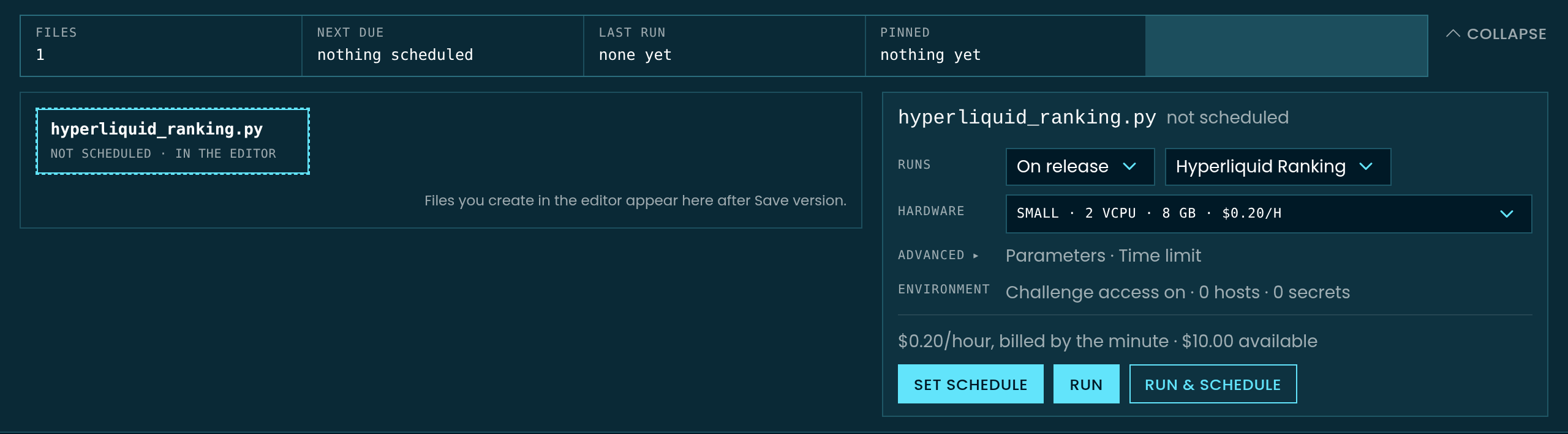 Cloud scheduling drawer with On release selected, Hyperliquid Ranking as the challenge, hardware, and Set schedule action