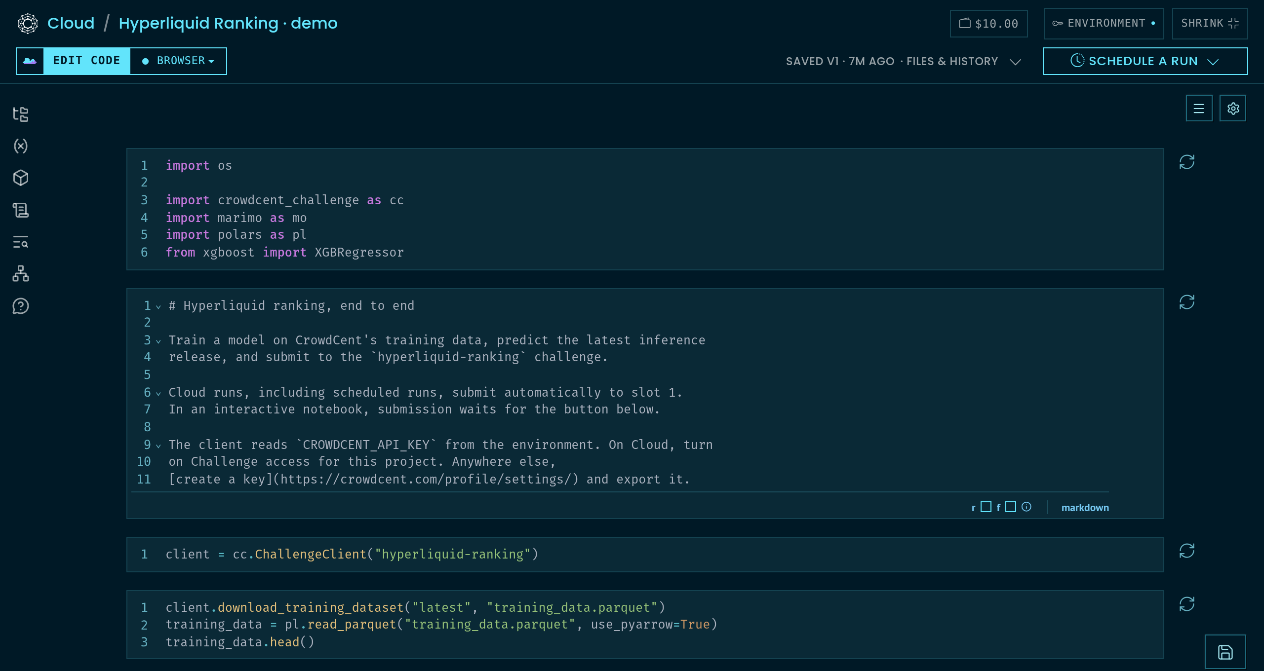 Saved Hyperliquid Ranking demo project with the notebook editor, Browser runtime, Files and history, Environment, and Run & schedule controls
