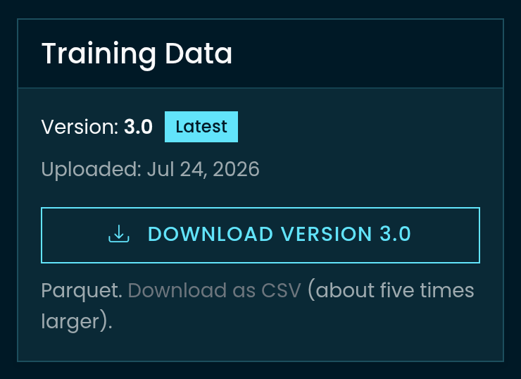 Training Data card showing the latest version and Parquet and CSV download links